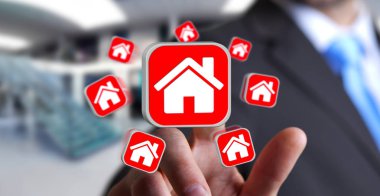 Bir daire kiralamak için modern uygulama kullanarak iş adamı