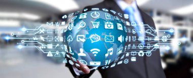 Dijital dünya ile web simgeleri kullanarak iş adamı