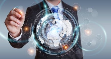 İşadamı hologram ekran dijital veri ile kullanma