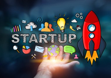 İşadamı kırmızı başlangıç çizim tutan koyu arka plan üzerinde