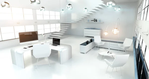 Intérieur moderne de bureau blanc avec ordinateur et appareils 3D render — Photo