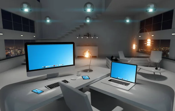 Σύγχρονο γραφείο σκοτεινό εσωτερικό γραφείο με υπολογιστή και συσκευές 3d re — Φωτογραφία Αρχείου