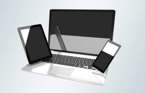Laptop-Handy und Tablet miteinander verbunden 3D-Rendering — Stockfoto
