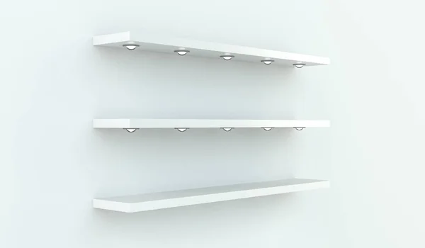 White shelves on white wall 3D rendering — Stock Photo, Image
