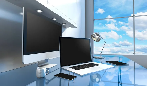 现代玻璃桌子内政部与计算机和设备 3d 楼效果图 — 图库照片