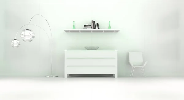 Сучасний біло-зелений інтер'єр з комодом і стелажем 3D — стокове фото