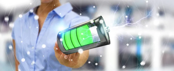 Frau berührt 3D-Renderbatterie mit dem Finger — Stockfoto