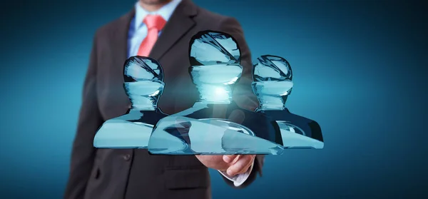 Businessman touching shiny glass avatar group 3D rendering