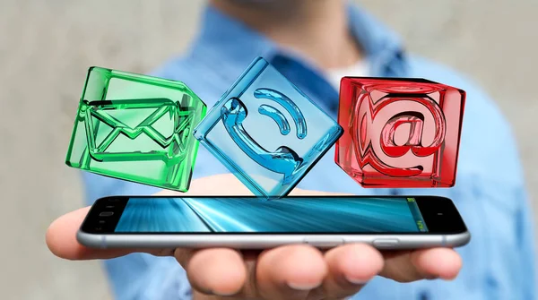 Empresário segurando ícone de contato cubo transparente por telefone, 3D — Fotografia de Stock