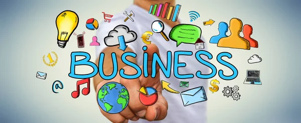 Empresário tocando a apresentação de negócios desenhada à mão — Fotografia de Stock
