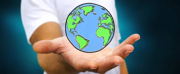 Empresário segurando mão desenhada planeta terra — Fotografia de Stock
