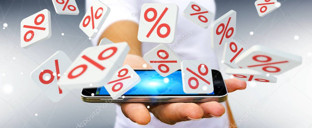 Businessman holding sales icons over phone 3D rendering