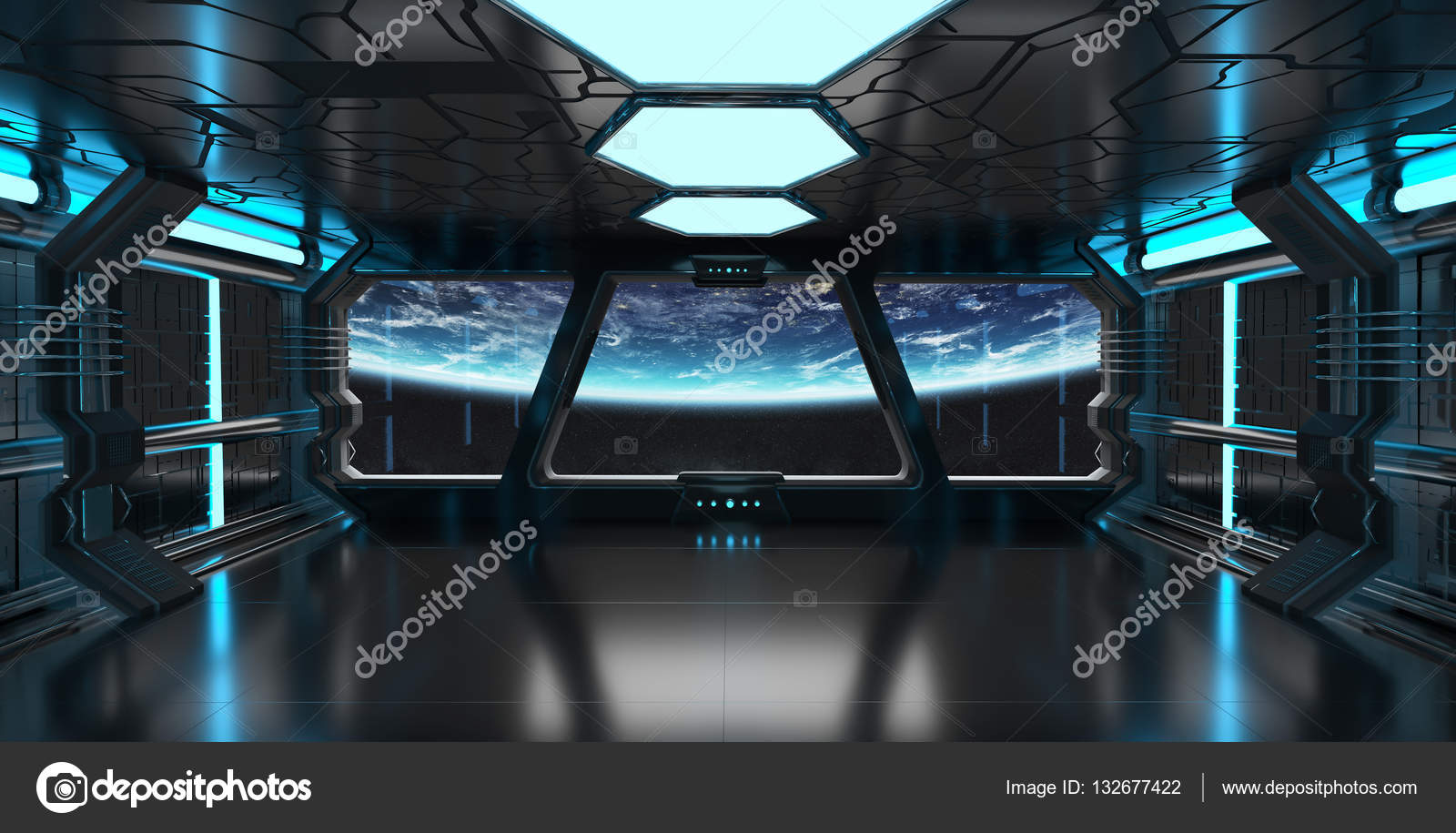 Spaceship Interior With View On The Planet Earth 3d