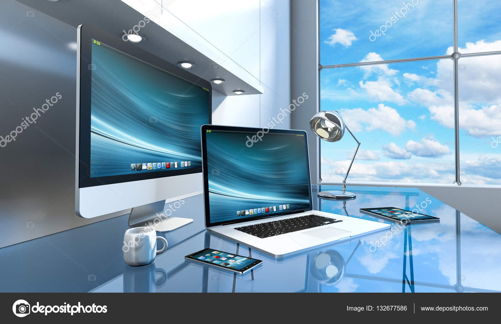 Modern Glass Desk Interior With Computer And Devices 3d Renderin