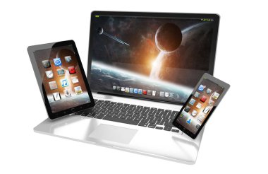 Dizüstü bilgisayar cep telefonu ve tablet 3d render birbirine bağlı