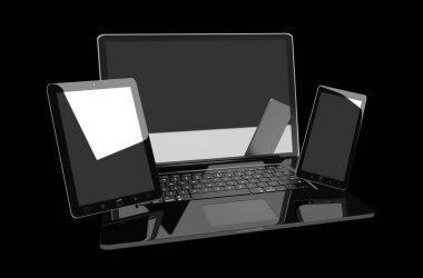 Dizüstü bilgisayar cep telefonu ve tablet 3d render birbirine bağlı