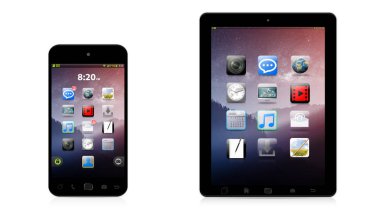 Modern dijital telefon ve beyaz arka planda 3d render tablet