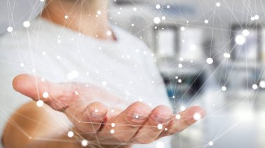 Uçan ağ küre 3d render tutan işadamı