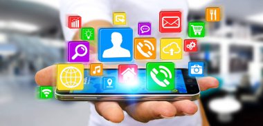 Modern dijital simge uygulama cep telefonunu kullanarak iş adamı 