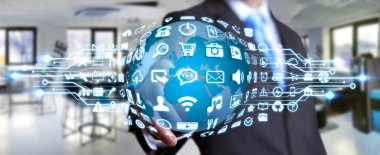 Dijital dünya ile web simgeleri kullanarak iş adamı