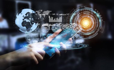 İşadamı hologram ekran dijital veri ile kullanma