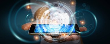 İşadamı hologram ekran dijital veri ile kullanma