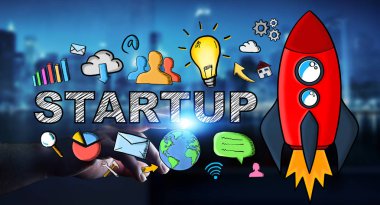 İşadamı kırmızı başlangıç çizim dokunmadan koyu arka plan üzerinde