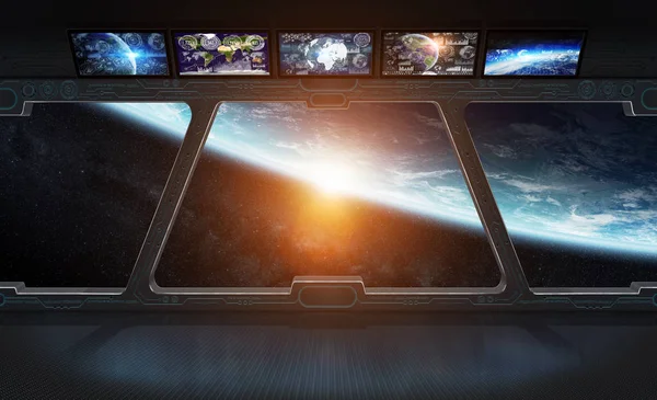 View of planet Earth from inside a space station 3D rendering el — Stock Photo, Image