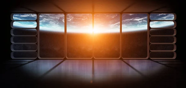 View of the planet earth from a huge spaceship window 3D renderi — Stock Photo, Image