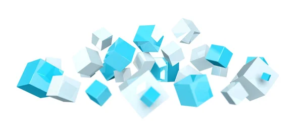 Flotante azul y blanco brillante cubo 3D representación — Foto de Stock