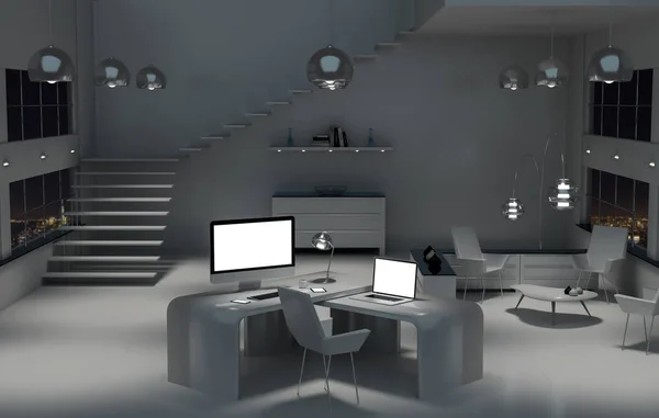 Moderner dunkler Schreibtisch Büroeinrichtung mit Computer und Geräten 3d re — Stockfoto