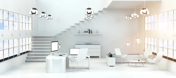 Moderno interno ufficio bianco con computer e dispositivi di rendering 3D — Foto Stock