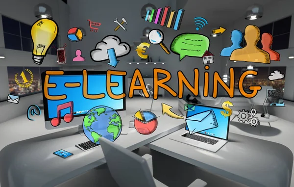 E-learning χέρι συρμένο έννοια σε γραφείο 3d rendering — Φωτογραφία Αρχείου