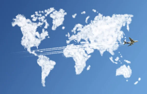 Flugzeug zeichnet die Welt in den Himmel — Stockfoto