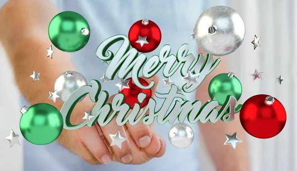 Businessman touching floating christmas message with his finger — Stock Photo, Image