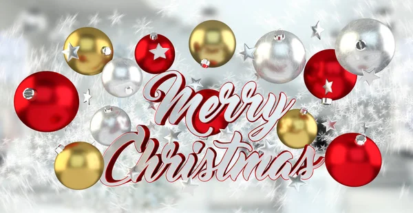 Πλωτό χριστουγεννιάτικο μήνυμα με Χριστουγεννιάτικες μπάλες 3d rendering — Φωτογραφία Αρχείου