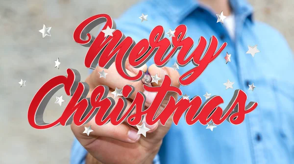 Businessman touching floating christmas message with his finger — Stock Photo, Image