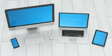 Modern bilgisayar dizüstü cep telefonu ve tablet 3d render