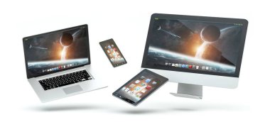 Modern bilgisayar dizüstü bilgisayar cep telefonu ve 3d rende yüzen tablet