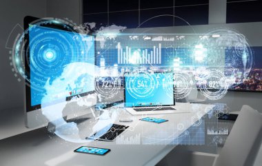 Çalışma alanı modern cihazlar ve hologram ekranlar 3d render ile