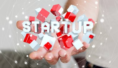 3D render başlangıç tanıtımı küp ile yüzen tutan adam