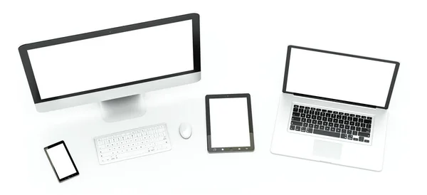 Σύγχρονο υπολογιστή φορητό κινητό τηλέφωνο και tablet 3d rendering — Φωτογραφία Αρχείου