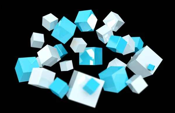 Плаваючий синьо-білий блискучий куб 3D рендеринга — стокове фото