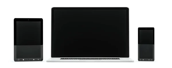 Nowoczesny komputer laptop renderowania 3d telefon komórkowy i tablet — Zdjęcie stockowe