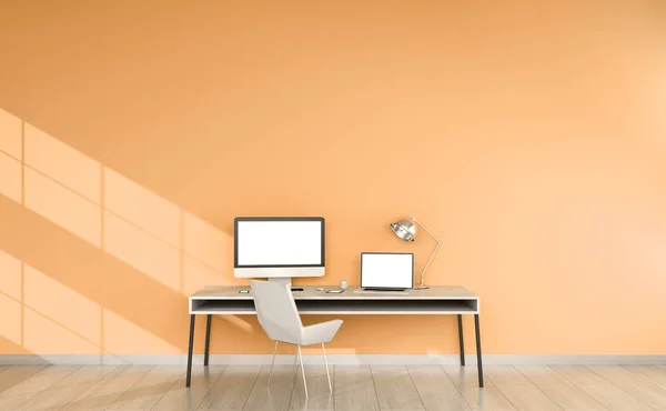 Μοντέρνο πορτοκαλί εσωτερικό επιφάνειας εργασίας με συσκευές 3d rendering — Φωτογραφία Αρχείου