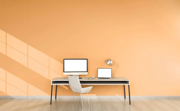 Modern orange desktop interior with devices 3D rendering