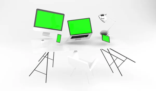 3D візуалізація літаючого робочого місця з ноутбуком і планшетом — стокове фото