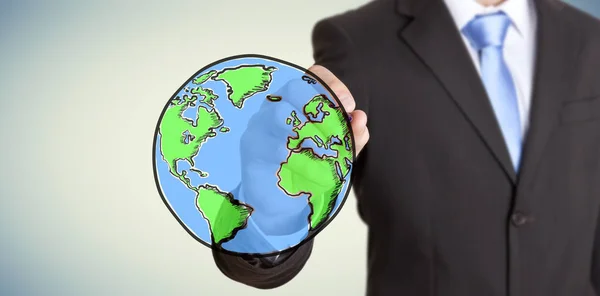 Businessman holding hand drawn planet earth — Stock Photo, Image