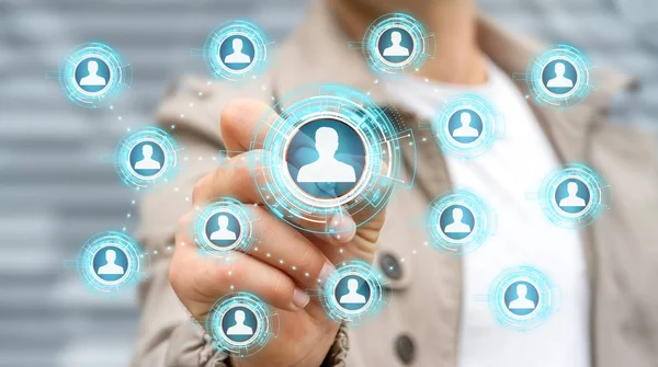 Affärsman med blå sociala nätverk 3d rendering — Stockfoto