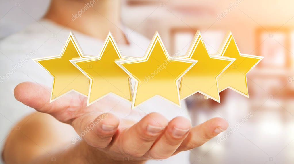 Businessman rating stars with his hand 3D rendering